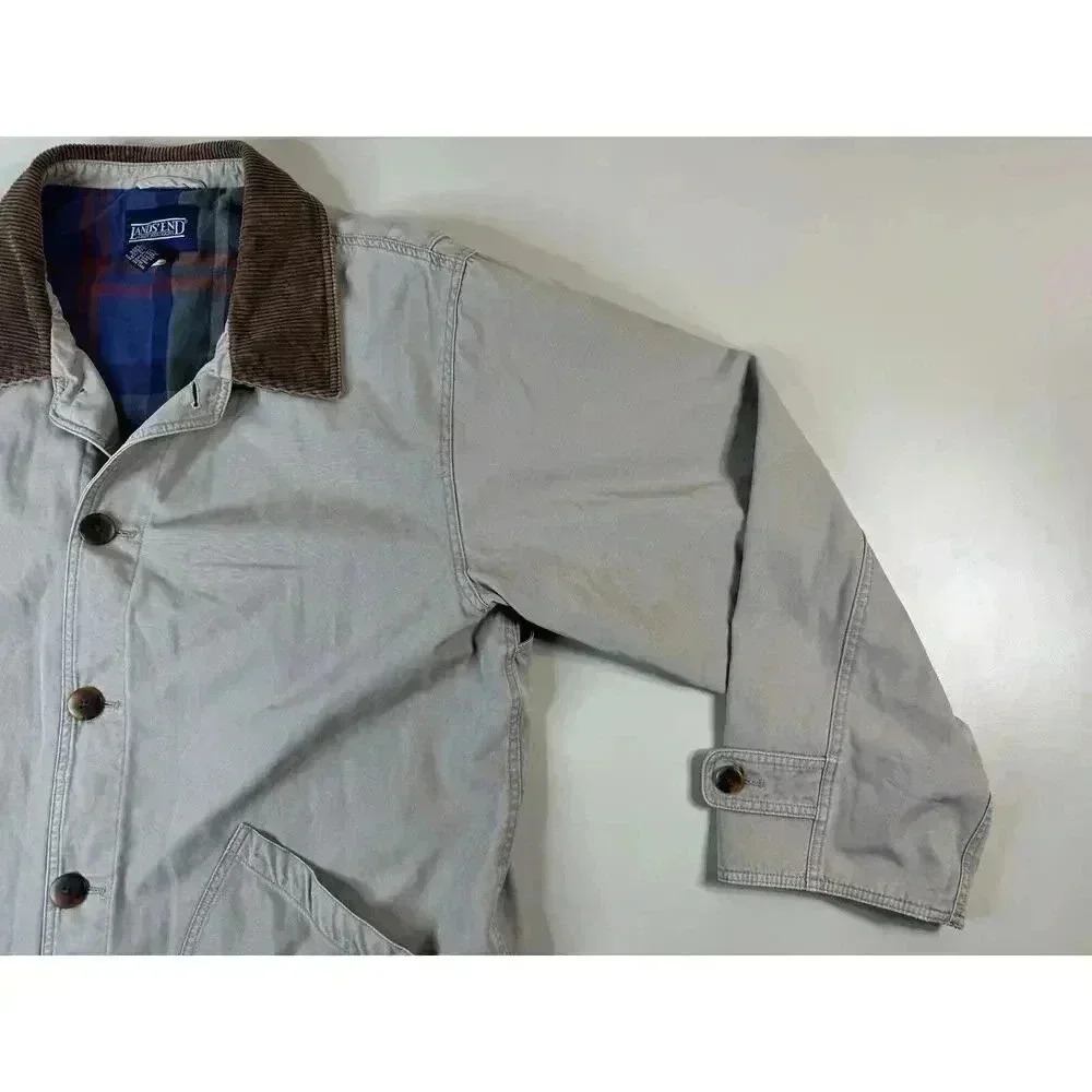 VTG Land's End Mens Chore Coat XLT Barn Jacket Field Corduroy Collar Plaid Lined - Picture 15 of 16